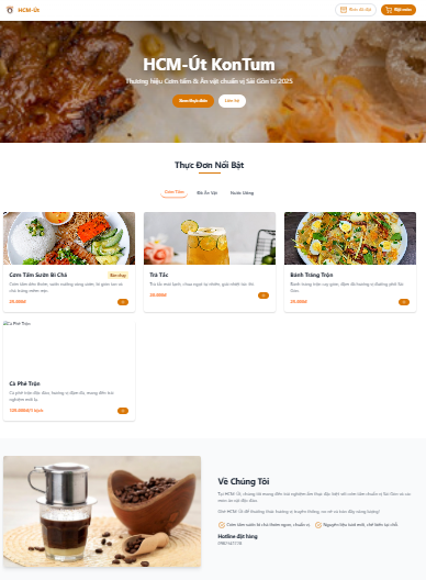 Restaurant HCM-Út website showcasing online table reservation system with QR menu integration and food delivery ordering interface